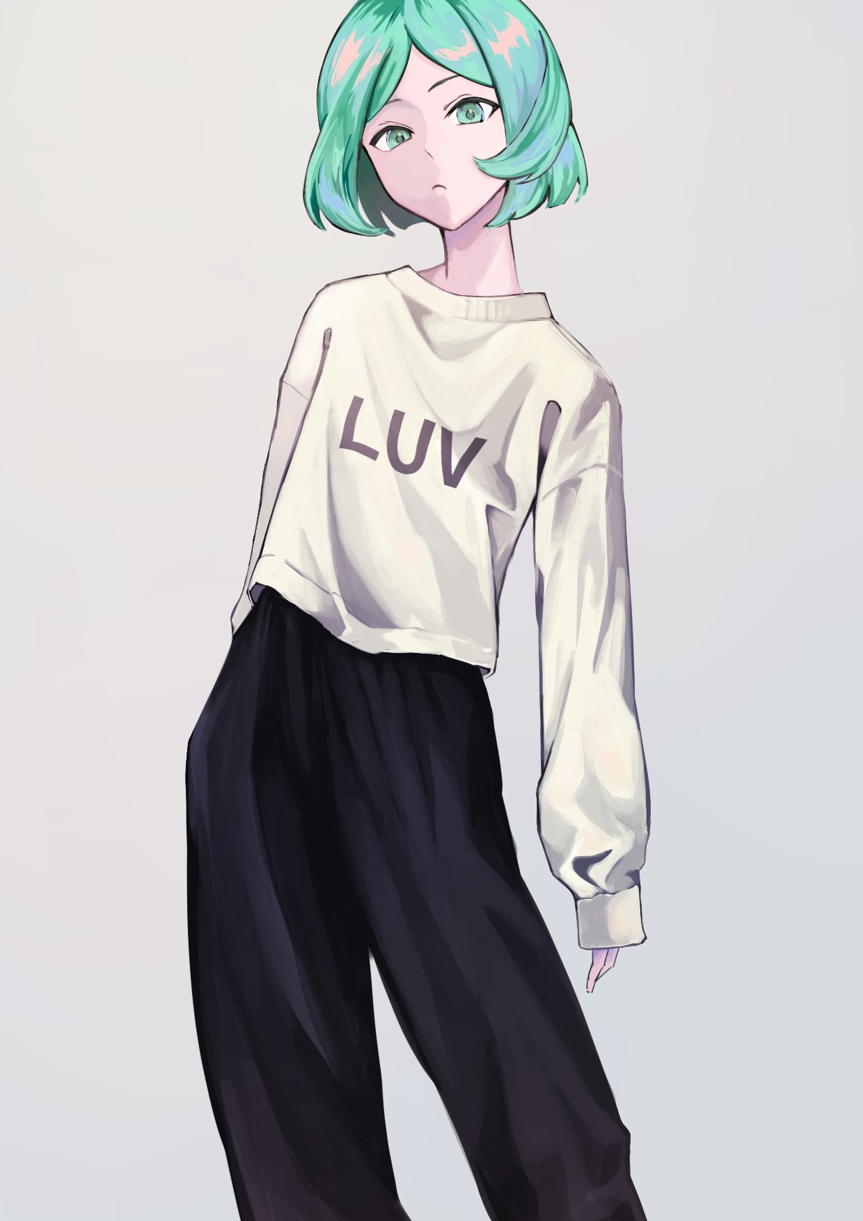 1other alternate_hairstyle androgynous aqua_hair black_pants bob_cut casual clothes_writing contemporary contrapposto feet_out_of_frame frown green_eyes green_hair grey_background highres houseki_no_kuni long_sleeves looking_at_viewer other_focus pants parted_bangs phosphophyllite piyo3pr short_hair simple_background sleeves_past_wrists solo standing sweater white_sweater