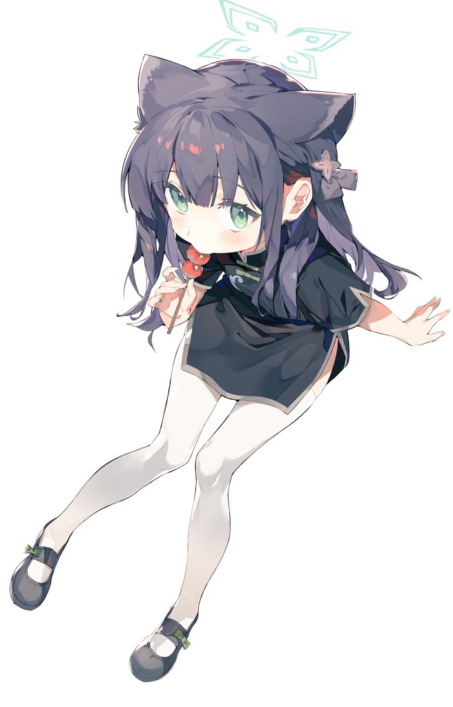 1girl animal_ears b_zhan_cm_yang black_dress black_footwear black_hair blue_archive child commentary_request dango dress extra_ears food full_body green_eyes green_halo halo holding holding_food holding_skewer looking_at_viewer mary_janes shoes short_sleeves shun_(blue_archive) shun_(small)_(blue_archive) simple_background skewer solo thigh-highs tiger_ears tiger_girl wagashi white_background white_thighhighs
