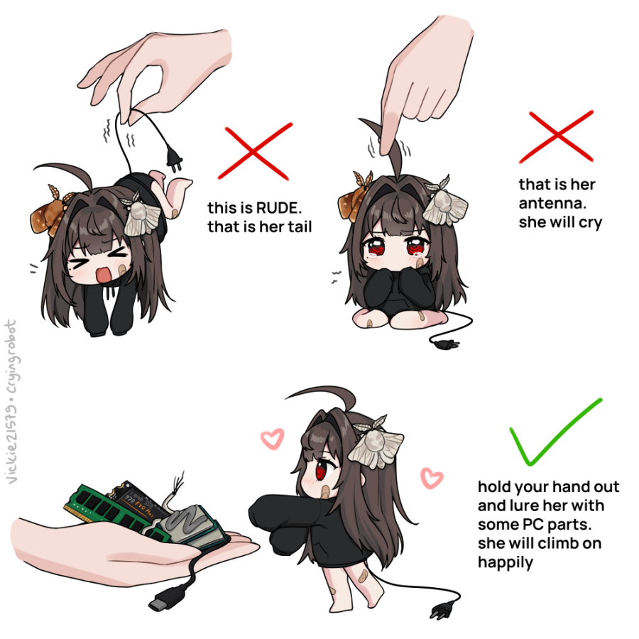 &gt;o&lt; 1girl bandaid bandaid_on_leg bare_legs barefoot black_hair black_hoodie bug cable checkmark chibi disembodied_limb english_text grabbing_another's_hair hair_intakes heart hood hood_down hoodie how_to_hold_x_(meme) insect_hair_ornament long_hair meme mini_person minigirl moth no_mouth notice_lines open_mouth original profile ram_(computer) red_eyes simple_background sitting sleeves_past_fingers sleeves_past_wrists solo tail tail_grab tearing_up twitter_username usb vickie_(cryingrobot) vickie_(cryingrobot)_(character) walking wariza white_background x
