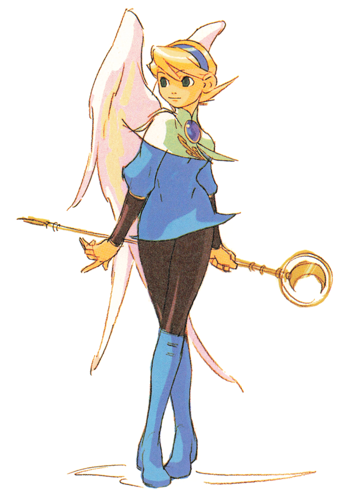 1990s_(style) 1girl blonde_hair blue_footwear boots breath_of_fire breath_of_fire_iv brooch feathered_wings full_body green_hair hairband jewelry knee_boots long_sleeves nina_(breath_of_fire_iv) non-web_source official_art pantyhose pink_wings retro_artstyle scan short_hair simple_background solo staff standing white_background white_wings wings yoshikawa_tatsuya