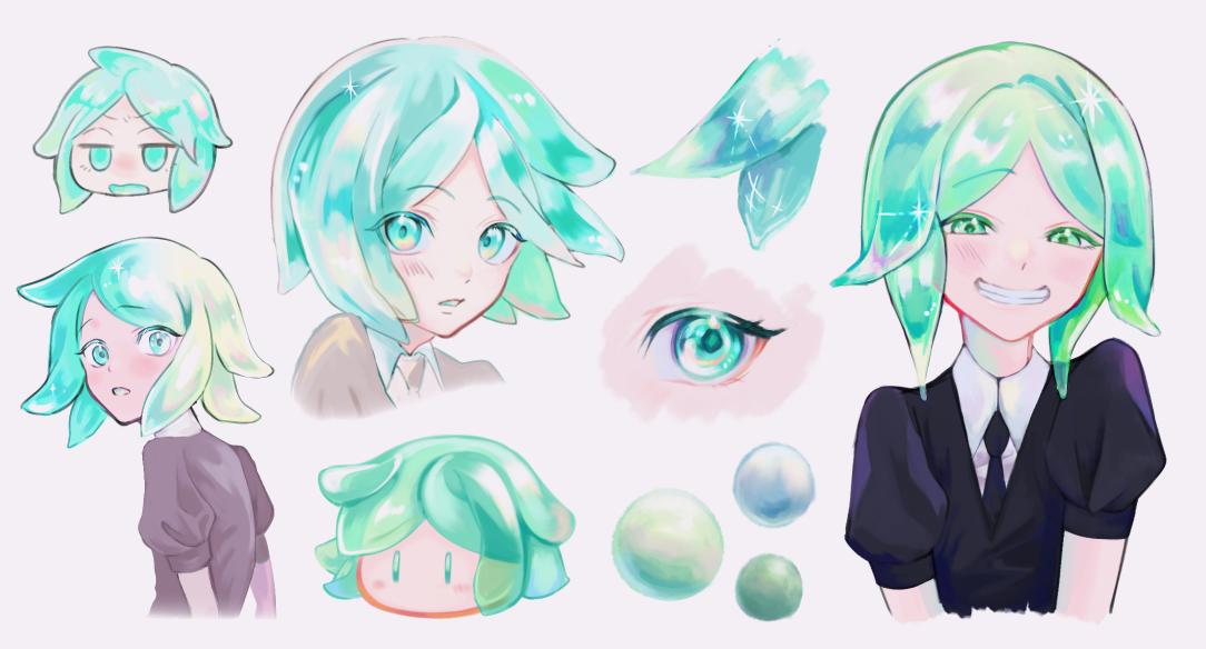 1other androgynous aqua_eyes aqua_hair black_necktie blush chibi crystal_hair gem_uniform_(houseki_no_kuni) green_eyes green_hair grin happy hashtag_only_commentary houseki_no_kuni looking_at_viewer looking_back looking_to_the_side multiple_views necktie orb other_focus parted_lips phosphophyllite piyo3pr puffy_short_sleeves puffy_sleeves short_hair short_sleeves simple_background smile sparkle surprised white_background