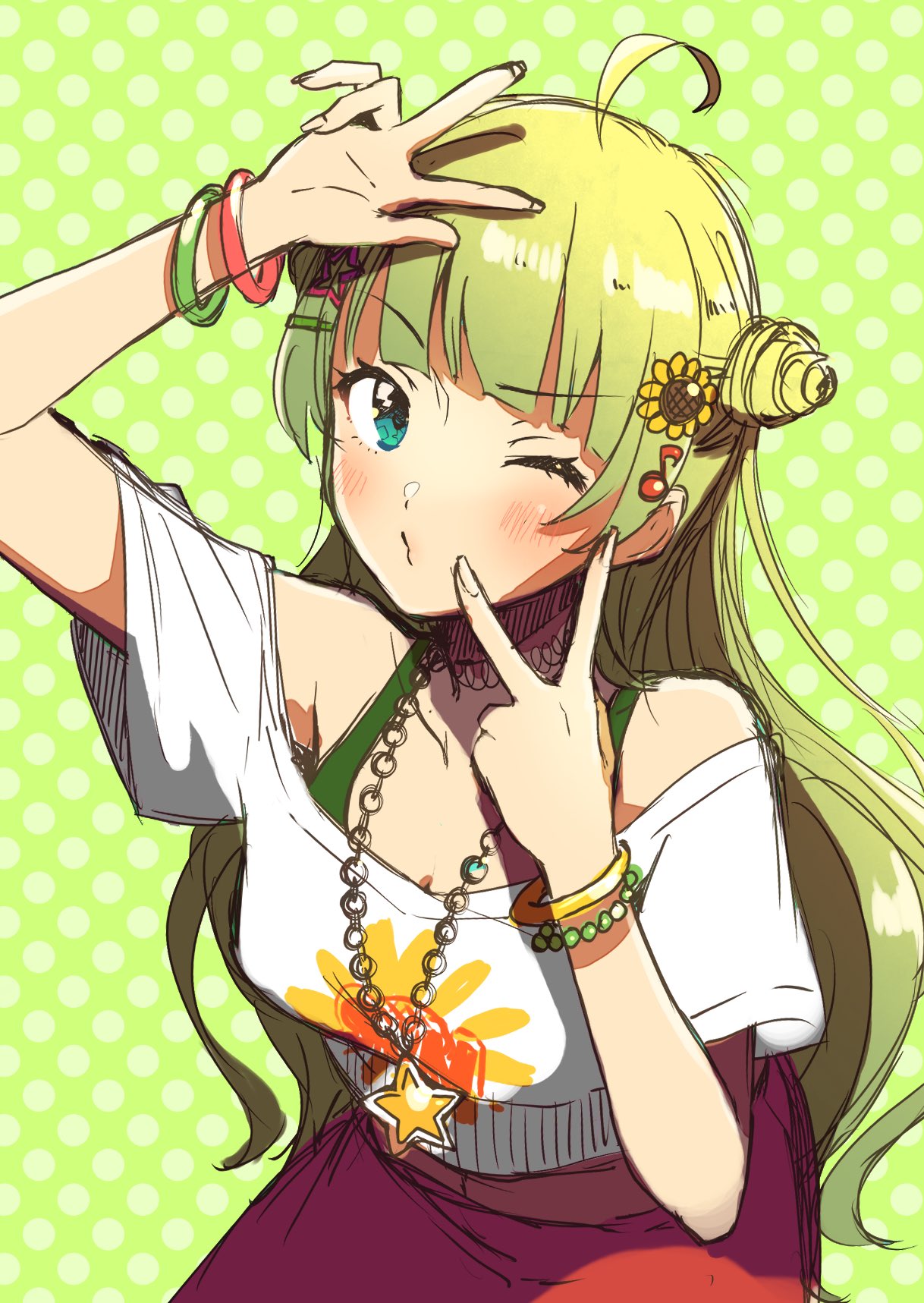 1girl ahoge aqua_eyes bare_shoulders bead_bracelet beads blunt_bangs blush bracelet chain_necklace character_name collarbone commentary_request cone_hair_bun cover cover_page cowboy_shot double_bun doujin_cover eyelashes fingernails floral_print flower furrowed_brow green_background green_bracelet green_hair green_tank_top hair_bun hair_flower hair_ornament hairclip hand_on_own_cheek hand_on_own_face heart high-waist_pants highres idolmaster idolmaster_million_live! jewelry long_hair musical_note musical_note_hair_ornament necklace off-shoulder_shirt off_shoulder one_eye_closed palms pants polka_dot polka_dot_background red_bracelet red_pants shimabara_elena shirt short_sleeves simple_background solo star_(symbol) star_hair_ornament star_necklace sunflower t-shirt tank_top textless_version wavy_hair wavy_mouth white_shirt white_sleeves witoi_(roa)
