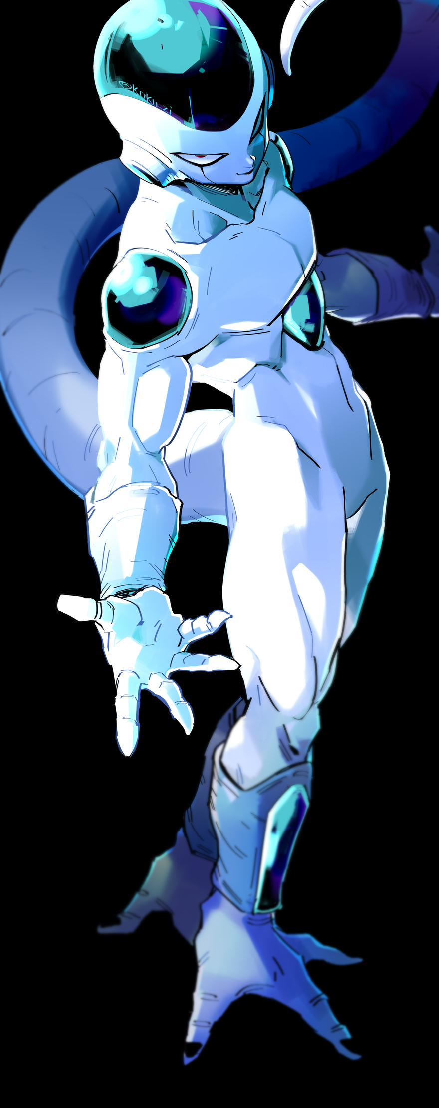 1boy alien black_background closed_mouth colored_skin dragon_ball dragon_ball_z frieza highres kokusoji looking_at_viewer male_focus no_humans open_hands outstretched_arms red_eyes simple_background solo spread_arms standing tail twitter_username white_skin