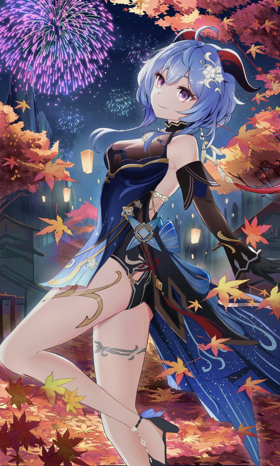 1girl ahoge architecture autumn_leaves bare_shoulders bell black_dress black_gloves blue_dress blue_hair breasts detached_sleeves dress east_asian_architecture fireworks ganyu_(genshin_impact) ganyu_(twilight_blossom)_(genshin_impact) genshin_impact gloves gold_trim hair_ornament highres horns knee_up kurony_(sirony) lantern_festival light_smile long_hair long_sleeves looking_at_viewer medium_breasts neck_bell night official_alternate_costume official_alternate_hairstyle outdoors sidelocks sleeveless solo standing thighs violet_eyes vision_(genshin_impact)
