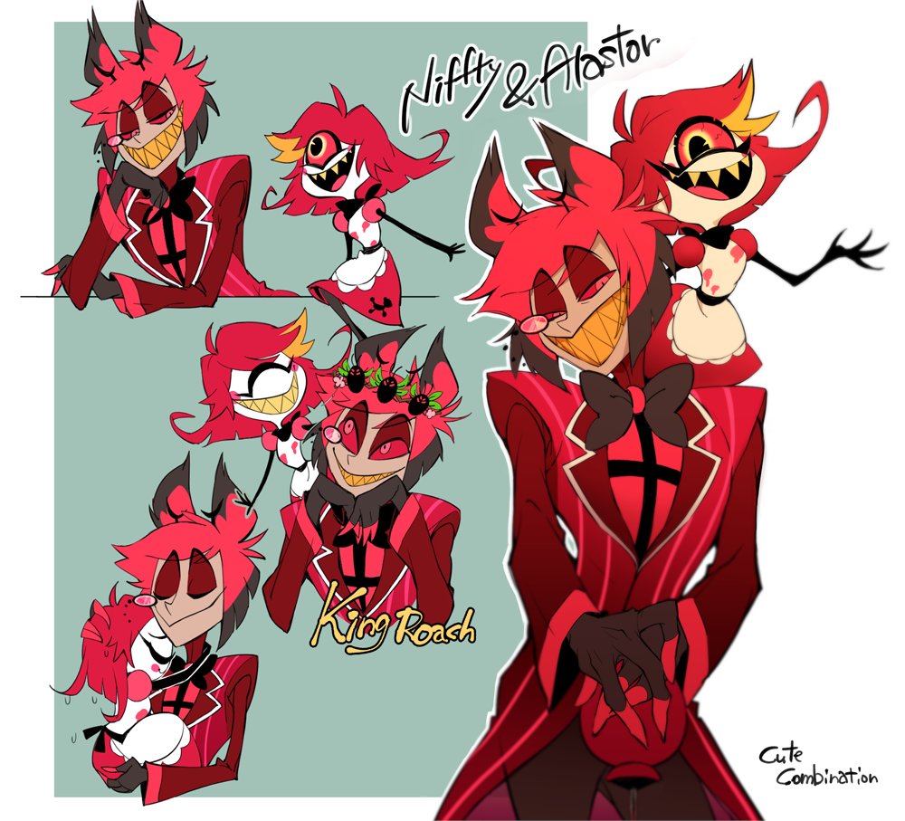 1boy 1girl alastor_(hazbin_hotel) animal_ears apron black_bow black_bowtie bow bowtie cane character_name coat colored_sclera colored_skin cyclops deer_ears dress english_text evil_grin evil_smile grey_skin grin hand_on_another's_head hazbin_hotel head_wreath hug kotobuki_toro long_sleeves looking_at_another multiple_views niffty_(hazbin_hotel) one-eyed red_dress red_eyes red_sclera redhead size_difference smile striped_coat white_apron white_skin yellow_teeth