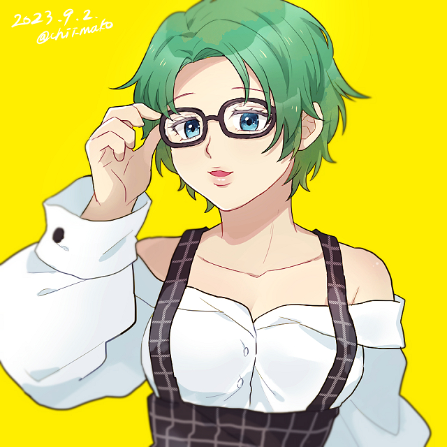 1girl alternate_costume bare_shoulders blue_eyes chibi chiimako glasses gloves gnosia green_hair lipstick looking_at_viewer makeup pink_lips shirt short_hair simple_background solo stella_(gnosia) white_shirt yellow_background