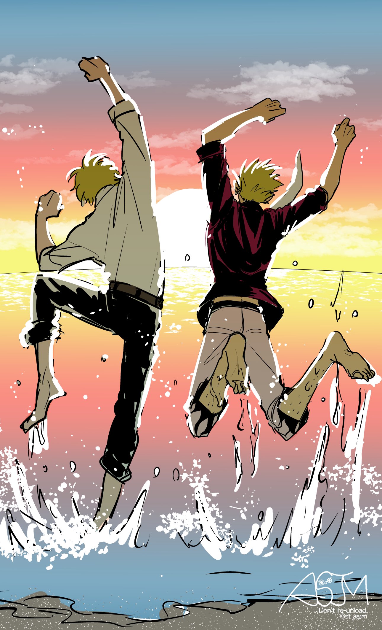 2boys arms_up barefoot blonde_hair capri_pants clenched_hands clouds cloudy_sky donquixote_doflamingo donquixote_rocinante from_behind highres jumping leg_hair multiple_boys necktie ocean one_piece pants red_shirt shirt short_hair signature sketch sky st_asjm sunset white_necktie white_shirt