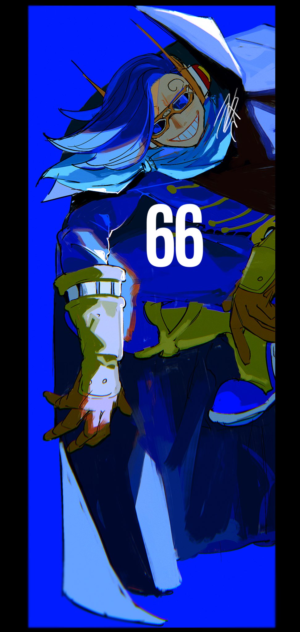 1boy azisaiharumaki56 blue_cape blue_hair blue_shirt blue_theme cape curly_eyebrows elbow_gloves gauntlets gloves goggles headphones highres looking_at_viewer male_focus numbered one_piece pompadour shirt signature smile solo squatting teeth vinsmoke_niji yellow_gloves