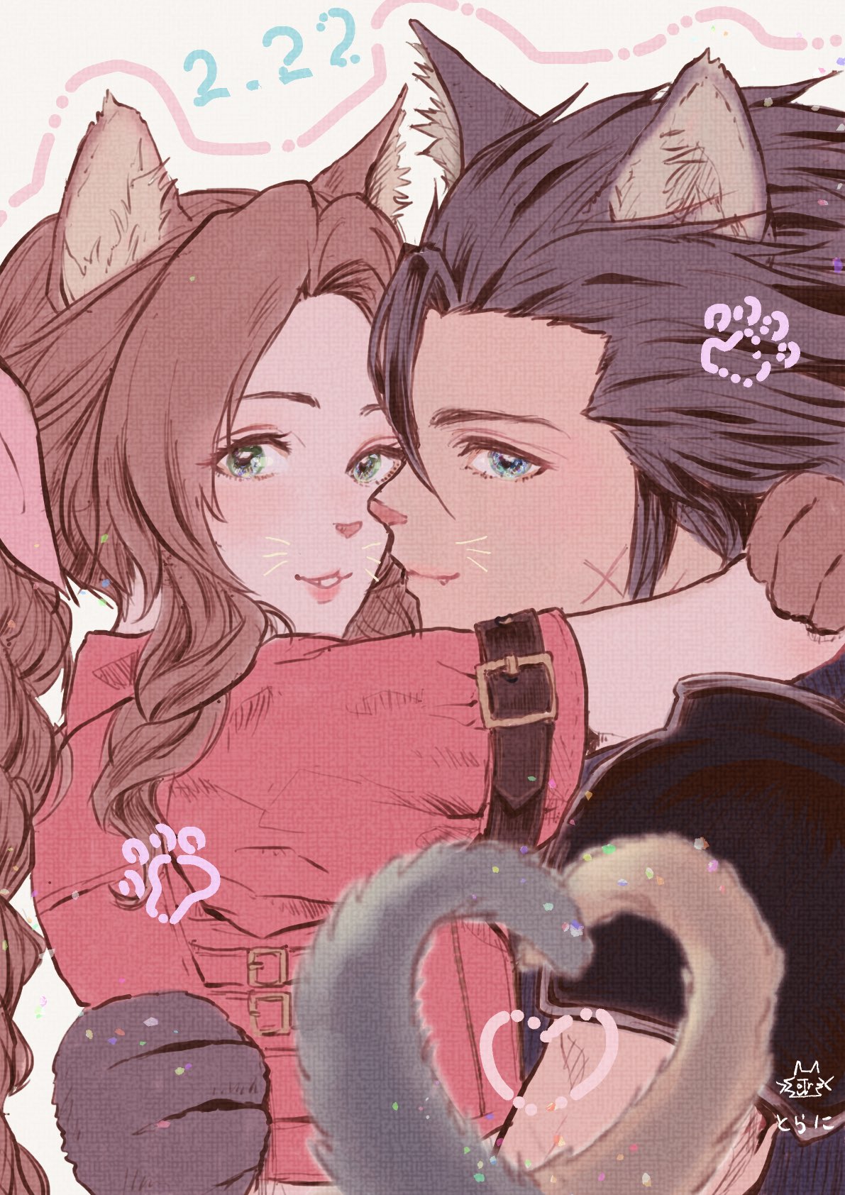 1boy 1girl :3 aerith_gainsborough animal_ears animal_hands armor arms_around_back arms_around_neck arms_up black_hair blue_eyes brown_hair cat_ears cat_girl cat_paws cat_tail commentary couple dated fang final_fantasy final_fantasy_vii green_eyes grey_background hair_ribbon hair_slicked_back heart heart_tail hetero highres hug jacket kemonomimi_mode long_hair looking_at_viewer ninnin5tora parted_bangs parted_lips pauldrons paw_print pink_ribbon ponytail red_jacket ribbon scar scar_on_cheek scar_on_face shoulder_armor sidelocks signature smile tail upper_body wavy_hair whiskers zack_fair