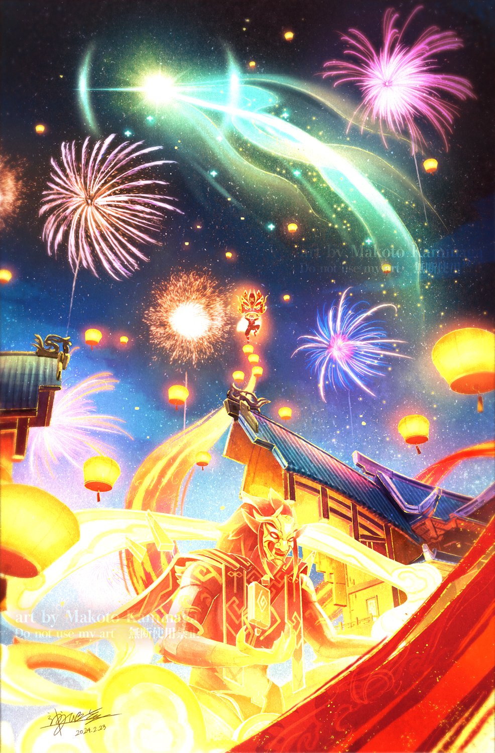 1boy aerial_fireworks architecture arms_up artist_name black_jacket black_pants building commentary_request dated east_asian_architecture fireworks gaming_(genshin_impact) genshin_impact highres jacket kaminaga_mutsumi lantern lion_dance menogias_(genshin_impact) night night_sky outdoors pants paper_lantern scenery signature sky sky_lantern solo star_(sky) starry_sky statue tassel watermark