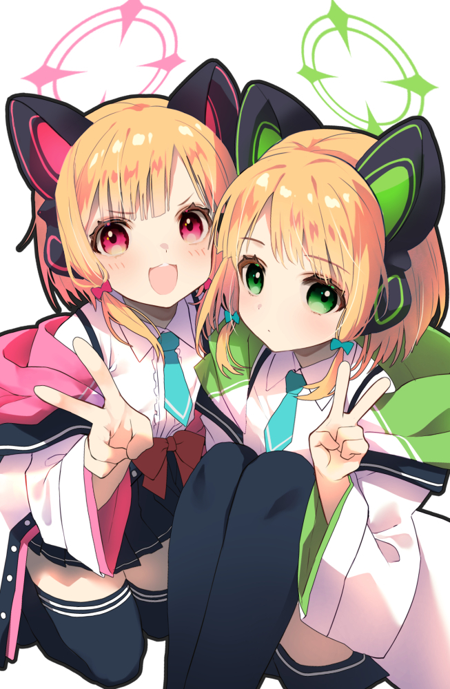 2girls :3 :d animal_ear_headphones animal_ears ariko_youichi black_skirt black_thighhighs blue_archive blue_bow blue_necktie blunt_bangs blush bow cat_day cat_ears center_frills closed_mouth collared_shirt commentary_request expressionless fake_animal_ears feet_out_of_frame frills green_eyes green_halo hair_bow halo hand_up headphones kneeling knees_up long_sleeves looking_at_viewer midori_(blue_archive) miniskirt momoi_(blue_archive) multiple_girls necktie open_mouth orange_hair parted_bangs pink_halo pleated_skirt red_bow red_eyes shirt short_hair short_necktie siblings sidelocks simple_background sisters sitting skirt smile thigh-highs twins v v-shaped_eyebrows white_background white_shirt wide_sleeves zettai_ryouiki