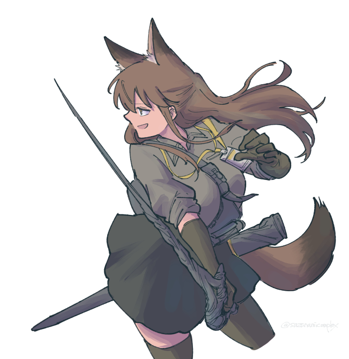 1girl animal_ear_fluff animal_ears arknights black_gloves black_skirt black_thighhighs brown_eyes brown_hair brown_tail collared_shirt commentary cowboy_shot elbow_gloves fox_ears fox_girl fox_tail franka_(arknights) gloves grey_shirt haruichi_(sazanami_complex) holding holding_sword holding_weapon lanyard long_hair looking_ahead open_mouth profile scabbard sheath shirt sideways_mouth simple_background skirt sleeves_pushed_up smile solo split strap sword symbol-only_commentary tail thigh-highs twitter_username unsheathed weapon white_background