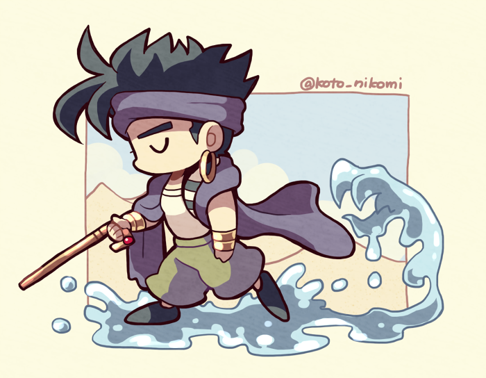 1boy black_hair cane cape chibi chibi_only closed_eyes from_side full_body gold_bracelet green_pants holding holding_cane jojo_no_kimyou_na_bouken kotorai male_focus n'doul no_mouth pants purple_cape shirt sideburns solo thick_eyebrows twitter_username walking water white_shirt