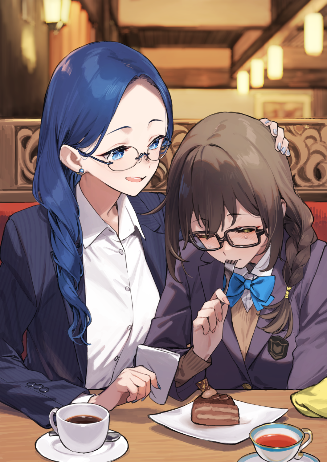 2girls 92m black-framed_eyewear blue_bow blue_bowtie blue_eyes blue_hair bow bowtie braid braided_ponytail brown_hair cake closed_eyes coffee coffee_cup collared_shirt commentary_request cup dateko disposable_cup eating food hand_on_another's_head highres kakita_(92m) long_hair multiple_girls original sad school_uniform shirt white_shirt