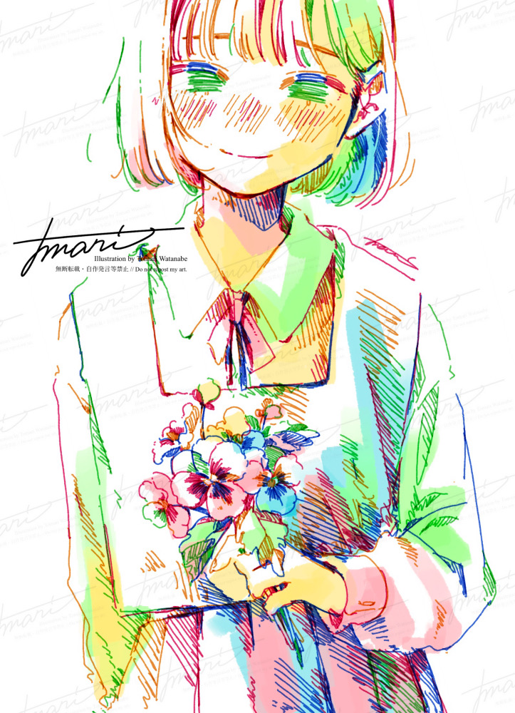 1girl artist_name blush bouquet closed_mouth collared_shirt colorful flower hatching_(texture) holding holding_bouquet holding_flower long_sleeves looking_at_viewer neck_ribbon original pansy pleated_skirt ribbon school_uniform shirt short_hair signature simple_background skirt smile solo standing straight-on straight_hair upper_body variant_set vest watanabe_tomari watermark white_background