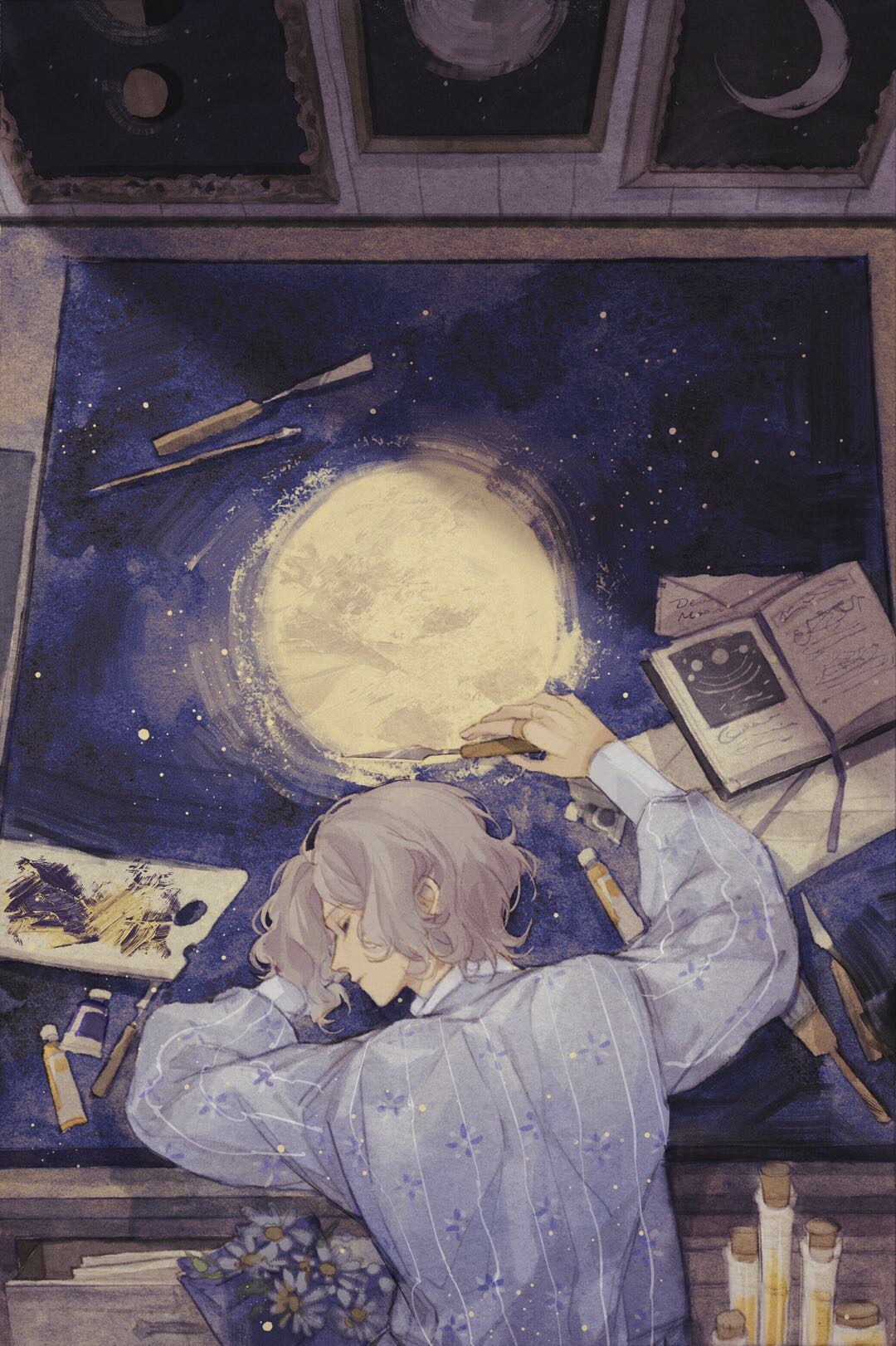 1boy blue_shirt book canvas_(object) closed_eyes closed_mouth crescent_moon daisy flower from_above full_moon grey_hair highres long_sleeves lying male_focus mengxiaheqing moon on_side open_book original paint_tube paintbrush painting_(object) profile shirt short_hair sky solo star_(sky) starry_sky test_tube trowel white_flower