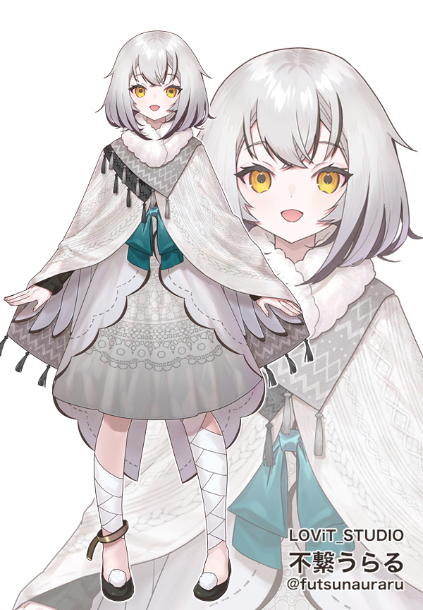 1girl :d black_footwear blue_bow bow capelet commentary_request dress full_body futsuna_uraru grey_capelet grey_dress grey_hair hair_between_eyes iriam miyoshino official_art orange_eyes shoes simple_background smile solo standing twitter_username virtual_youtuber white_background zoom_layer