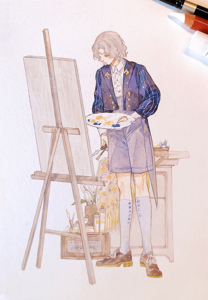 1boy art_tools_in_frame blue_jacket box brown_footwear buttons canvas_(object) chinese_commentary closed_mouth collared_shirt easel full_body grey_hair grey_shorts holding holding_paintbrush jacket long_sleeves male_focus mengxiaheqing original paint paint_tube paintbrush palette_(object) photo_(medium) shirt shirt_tucked_in shoes short_hair shorts socks solo standing table test_tube traditional_media trowel wavy_hair white_shirt white_socks
