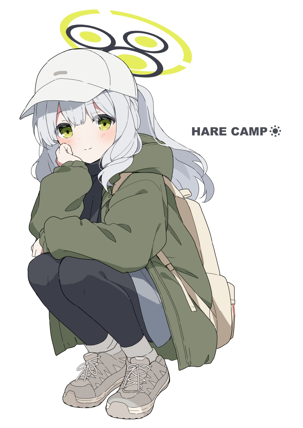 1girl black_pantyhose blue_archive blush closed_mouth full_body green_eyes green_halo green_jacket grey_footwear grey_hair grey_shorts halo hare_(blue_archive) hare_(camp)_(blue_archive) hat highres hood hood_down hooded_jacket jacket long_hair long_sleeves looking_at_viewer mochigome_(ununquadium) official_alternate_costume open_clothes open_jacket pantyhose ponytail shoes shorts simple_background smile solo squatting white_background white_headwear