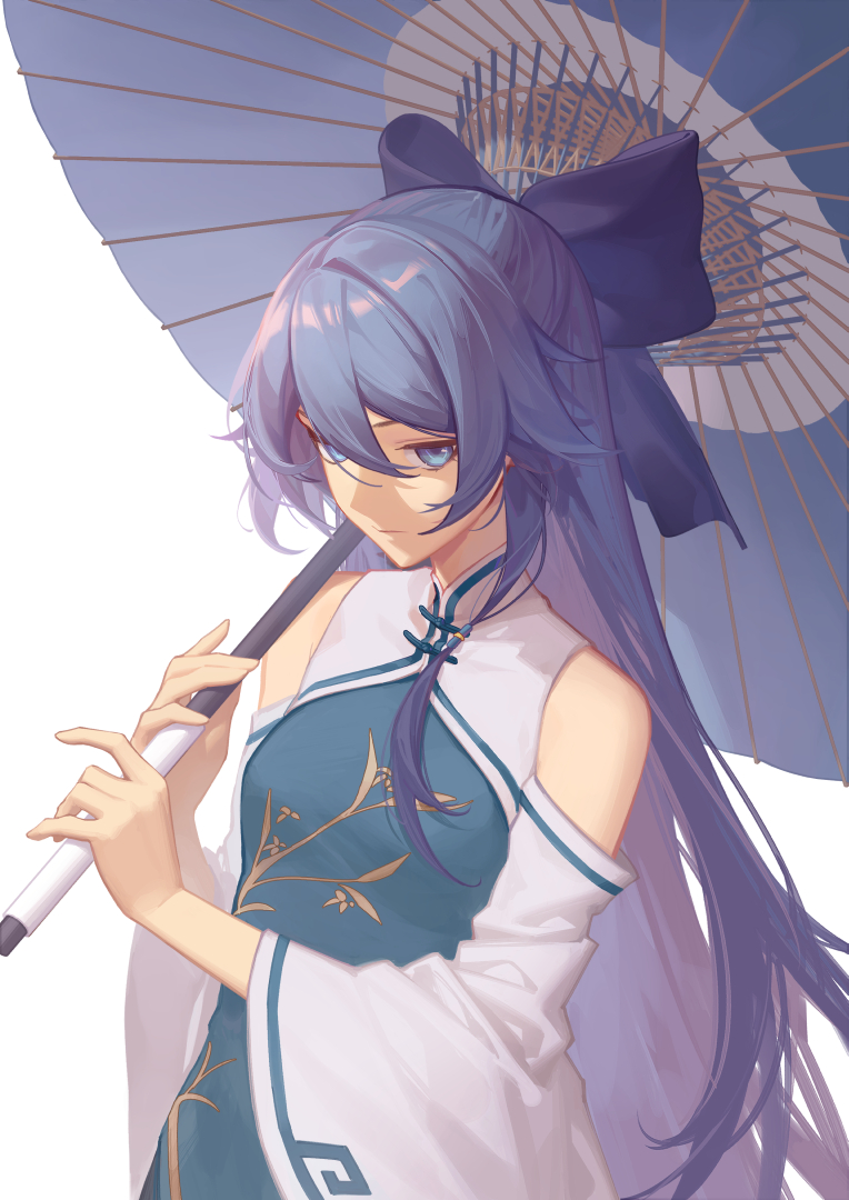 1girl aqua_dress bare_shoulders black_bow blue_eyes blue_hair bow china_dress chinese_clothes closed_mouth dress fu_hua grey_hair hair_between_eyes holding holding_umbrella honkai_(series) honkai_impact_3rd long_hair looking_at_viewer official_alternate_costume oil-paper_umbrella pleated_sleeves simple_background solo sougishi_ego umbrella upper_body white_background white_sleeves wide_sleeves