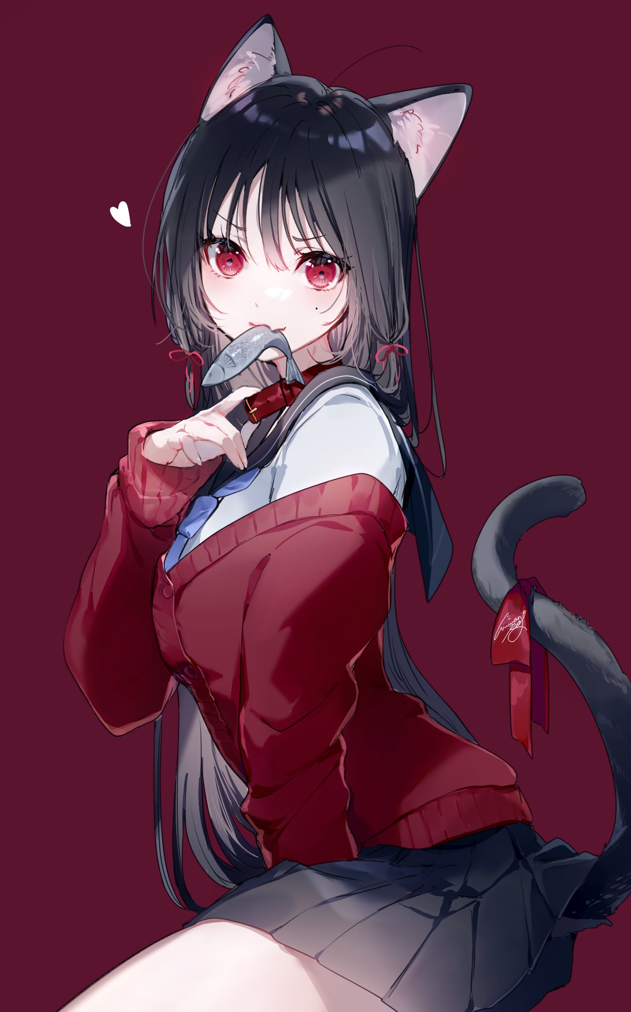 1girl ahoge animal_ear_fluff animal_ears arched_back arm_at_side between_legs black_hair black_sailor_collar black_skirt blue_necktie blush cardigan cat_day cat_ears cat_girl cat_tail collar commentary cowboy_shot fang fish from_side hair_ribbon hand_between_legs hand_up heart highres kneeling lifted_by_tail long_hair long_sleeves looking_at_viewer looking_to_the_side miniskirt miwano_rag mole mole_under_eye mouth_hold necktie off_shoulder original pleated_skirt purple_background red_background red_cardigan red_eyes red_ribbon revision ribbon sailor_collar school_uniform serafuku shirt signature simple_background skin_fang skirt sleeves_past_wrists solo straight_hair tail tail_ornament tail_raised tail_ribbon v-shaped_eyebrows very_long_hair white_shirt