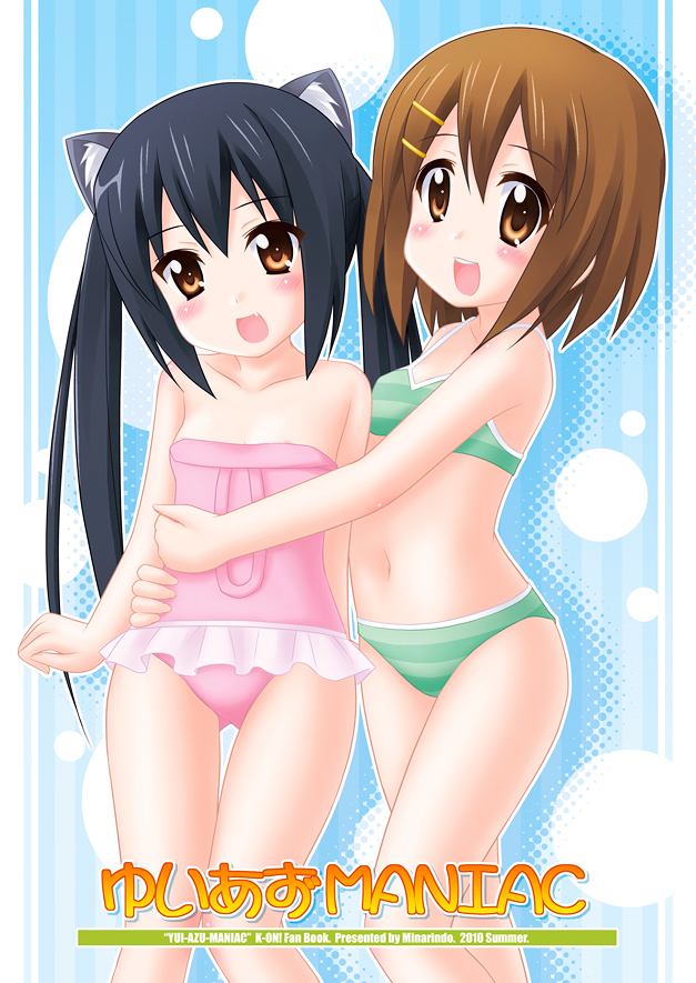 bad_id bikini black_hair brown_eyes brown_hair casual_one-piece_swimsuit cat_ears hirasawa_yui hug k-on! long_hair minami_sei nakano_azusa one-piece_swimsuit short_hair swimsuit twintails