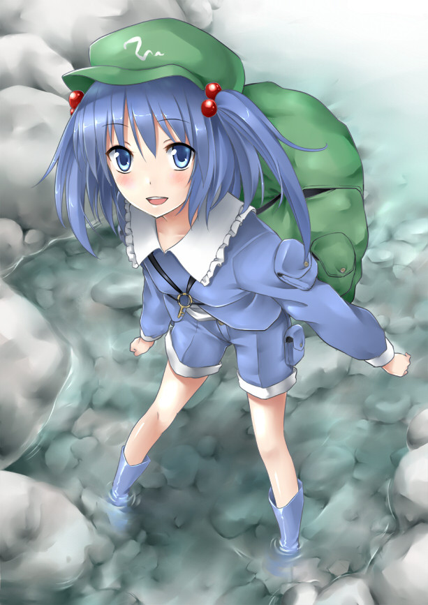 backpack bag blue_eyes blue_hair blush bon bon_(artist) boots feet_in_water from_above hair_bobbles hair_ornament hat kawashiro_nitori key legs open_mouth perspective river rock rubber_boots short_hair shorts smile solo touhou twintails wading water