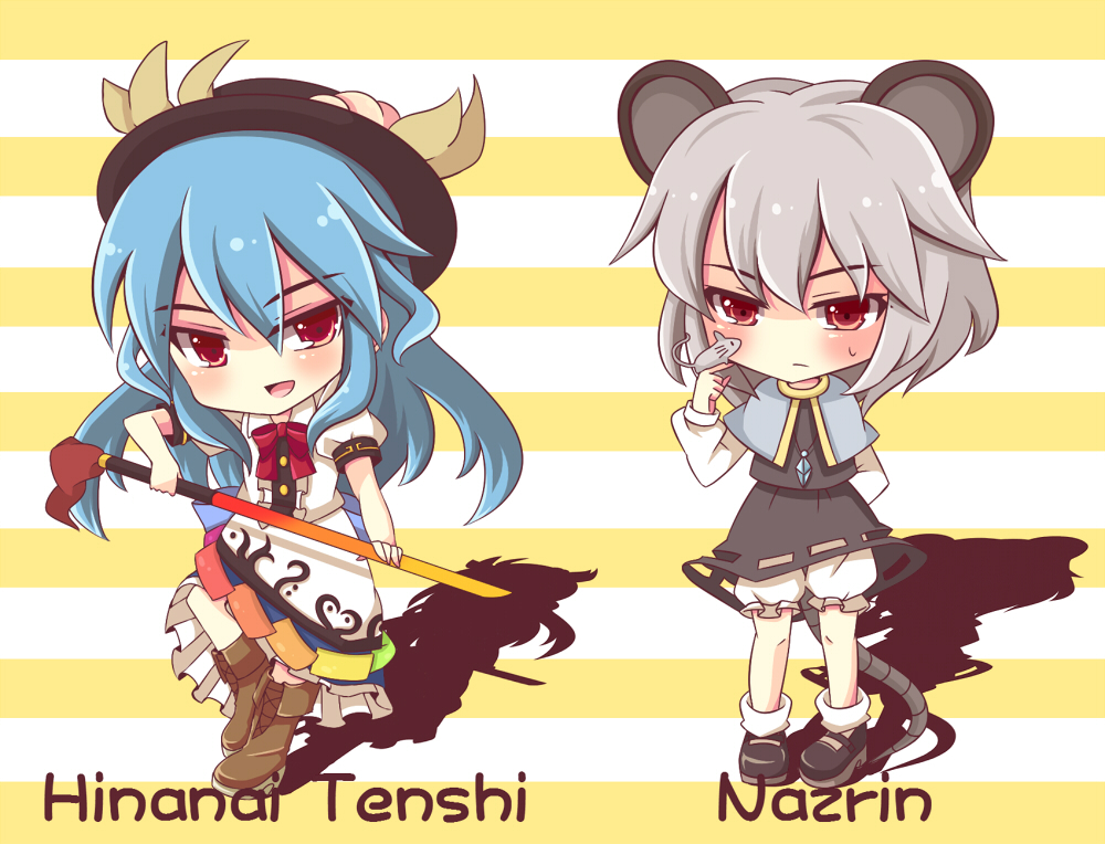 animal_ears bloomers blue_hair blush boots capelet chibi english food fruit grey_hair hat hinanawi_tenshi jewelry long_hair mouse mouse_ears mouse_tail multiple_girls nazrin peach pendant red_eyes sadomochi shadow short_hair sword sword_of_hisou tail touhou weapon