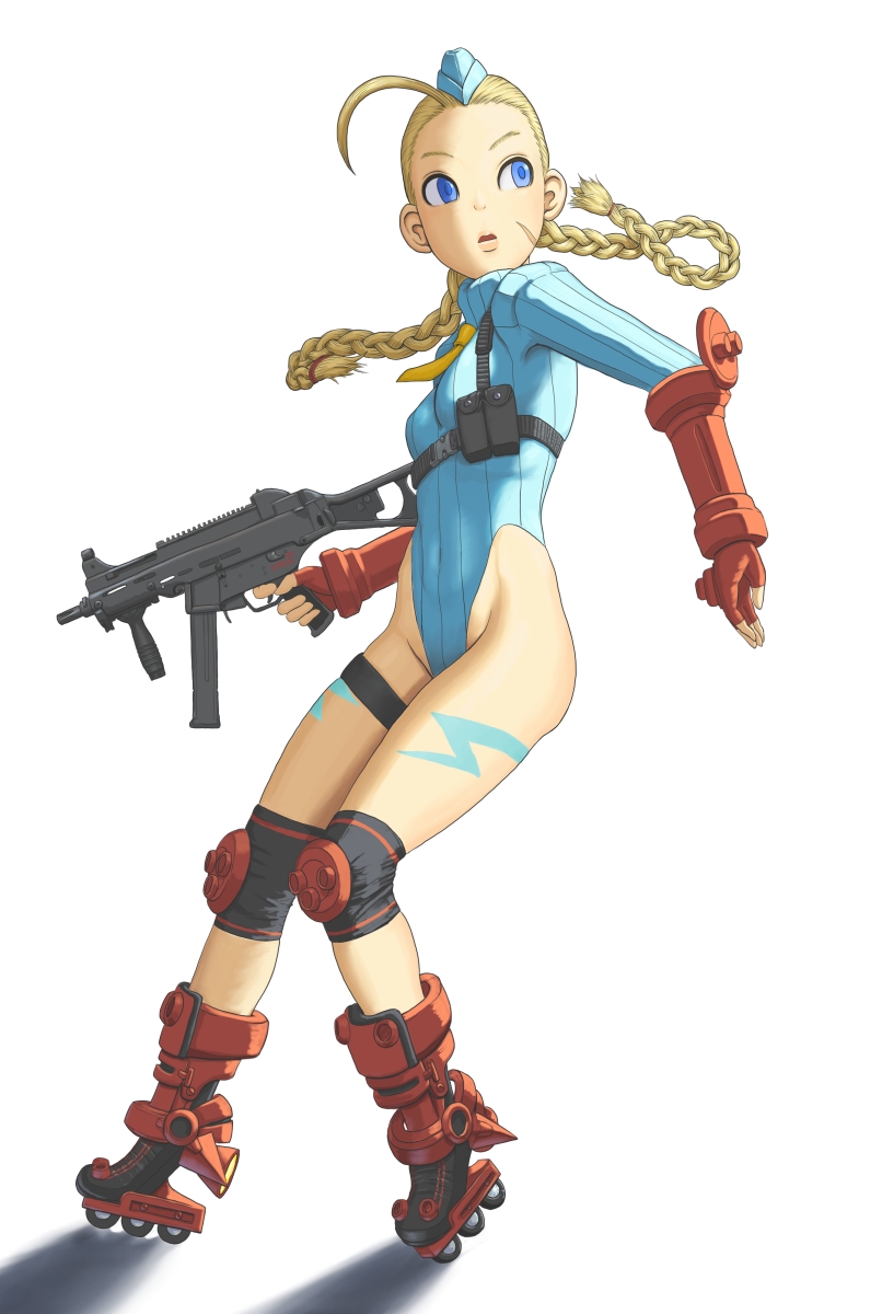 beret blonde_hair blue_eyes braid cammy_white cannon_spike capcom fingerless_gloves garrison_cap gloves hat hiroei-pulps leotard street_fighter street_fighter_ii twin_braids