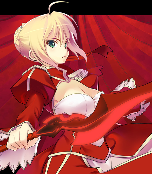 azu blonde_hair dress epaulettes fate/extra fate/stay_night fate_(series) saber_extra weapon