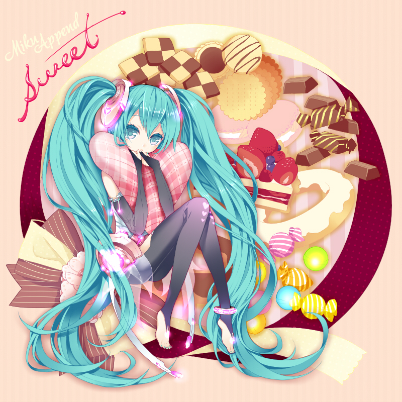 aqua_hair barefoot bridal_gauntlets cake candy checkerboard_cookie chocolate cookie food fruit hatsune_miku hatsune_miku_(append) long_hair macaron miku_append pantyhose pastry pillow pillow_hug r/k strawberry sweets twintails very_long_hair vocaloid vocaloid_append