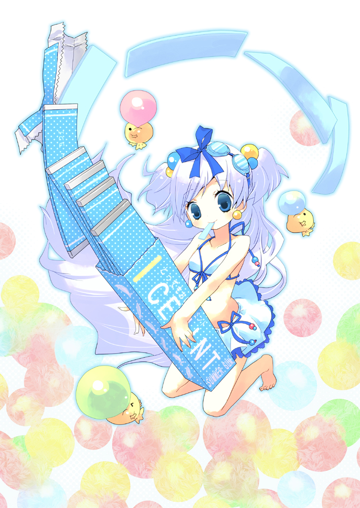 blue_eyes blue_hair bubblegum candy goggles gun long_hair mouth_hold original oversized_object skirt solo swimsuit takamura_masaya twintails weapon