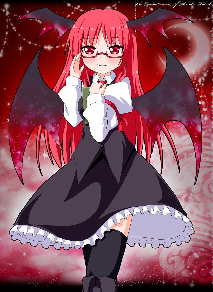 1girl adjusting_hair arm_ribbon bespectacled black_legwear book book_hug boots crescent demon_girl demon_wings glasses head_wings holding holding_book juliet_sleeves kagerou_(kers) koakuma long_sleeves looking_at_viewer puffy_sleeves red-framed_glasses red_eyes redhead shirt skirt skirt_set smile solo thigh-highs touhou vest wings zettai_ryouiki