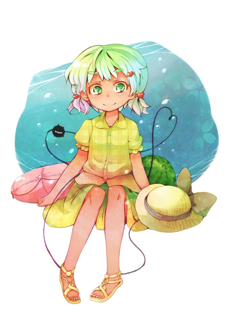 bubble eyebrows flower green_eyes green_hair hair_ornament hairclip hat hat_removed headwear_removed heart heart_of_string highres komeiji_koishi sacha sandals short_hair short_twintails sitting skirt smile solo symbol-shaped_pupils touhou twintails