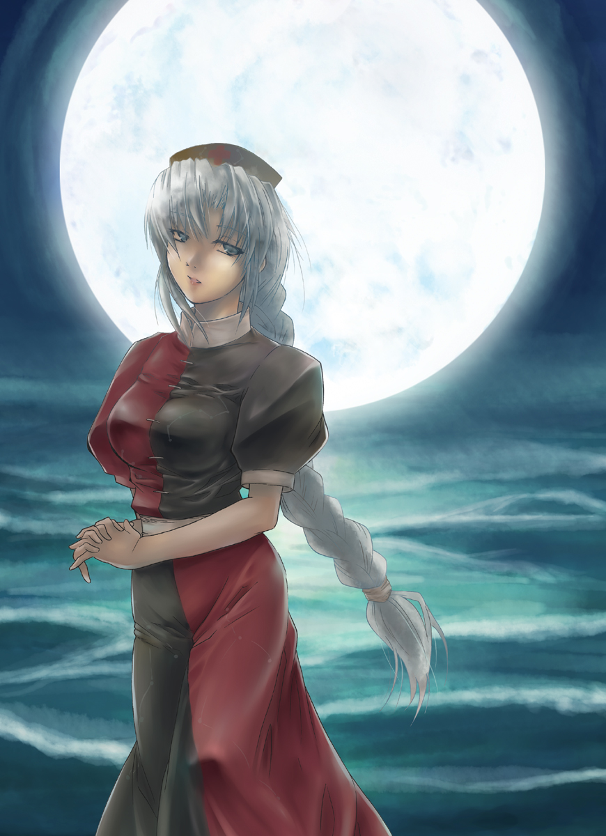 blue_eyes braid full_moon hat highres konoe_yuba long_hair moon nurse_cap touhou yagokoro_eirin yuba_(pixiv)