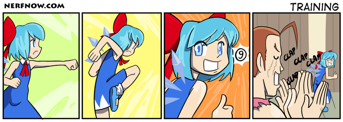 1boy 1girl ahoge bandaid blue_dress blue_eyes blue_hair bow brown_hair cirno comic crossover dojo dougi dress female hair_bow hibiki_dan ice japanese_clothes josue_pereira male martial_arts nerf_now!! red_ribbon ribbon short_hair silent_comic smile street_fighter touhou wings ⑨