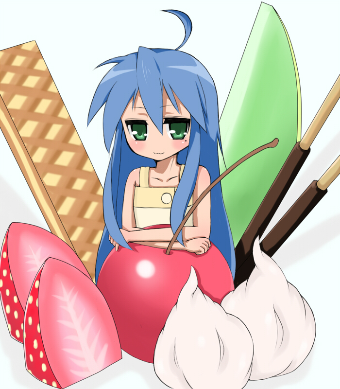 ahoge aoi2410 blue_hair cherry collarbone food fruit girl_in_food green_eyes in_food izumi_konata long_hair lucky_star melon minigirl mole pocky simple_background strawberry very_long_hair waffle whipped_cream