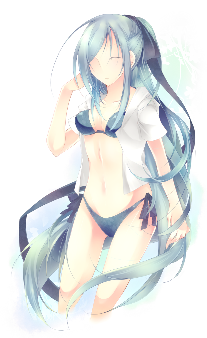 bad_id bikini closed_eyes green_hair long_hair open_clothes open_shirt ponytail shirt swimsuit