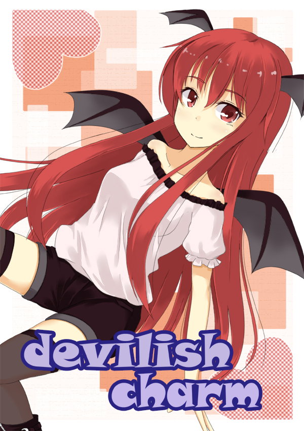 bad_id bare_shoulders casual contemporary english head_wings heart ice_(artist) koakuma long_hair red_eyes red_hair redhead shorts symbol-shaped_pupils thigh-highs thighhighs touhou wings