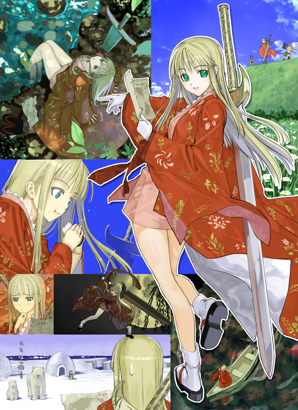 arm_support barefoot bear blonde_hair blue_eyes boat cloud clouds confused eating feet_in_water flower flute from_above from_behind gloves grass green_eyes highres igloo instrument japanese_clothes legs long_hair looking_up map moon nakaba_reimei open_mouth pointing polar_bear samurai_spirits sandals sitting sky soaking_feet suzuhime sweatdrop sword tabi water weapon wolf