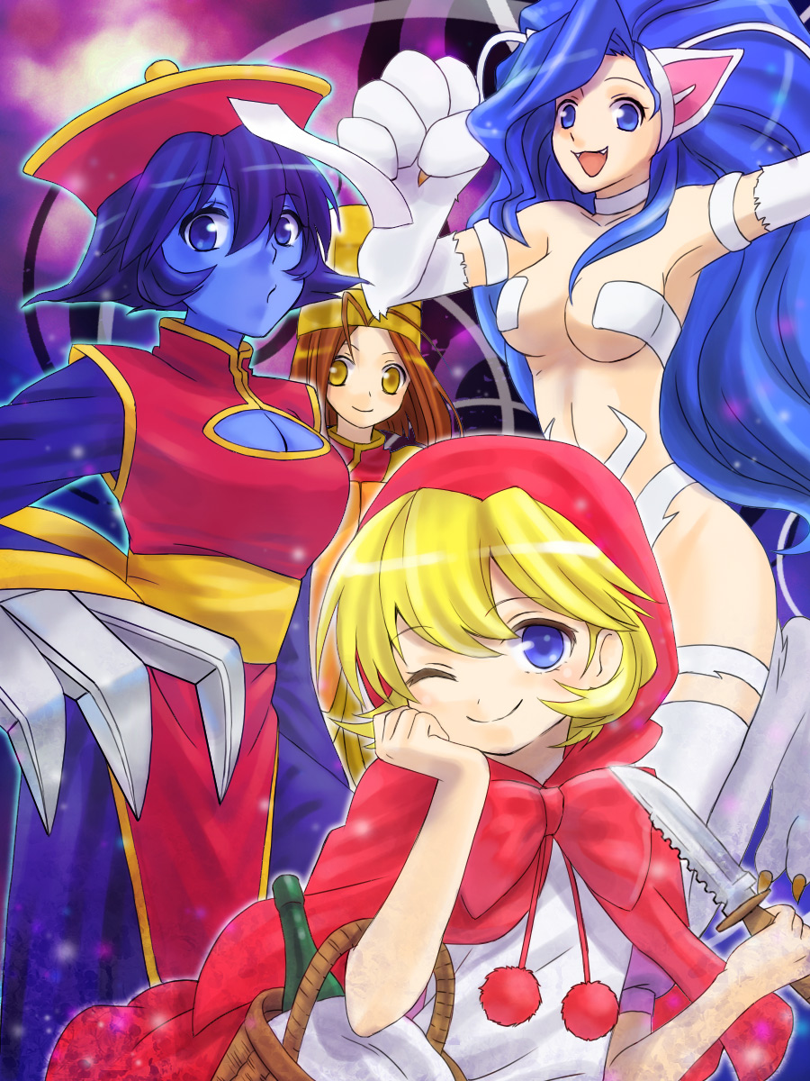 403_(artist) 4girls animal_ears armpits bare_shoulders basket blonde_hair blue_eyes blue_hair breasts brown_hair bulleta capelet cat_ears cat_paw chinese_clothes claw_(weapon) claws cleavage cleavage_cutout fang felicia hat highres hood knife lei_lei lin-lin long_hair long_sleeves multiple_girls ofuda open_mouth ribbon short_hair short_sleeves smile vampire_(game) wink yellow_eyes