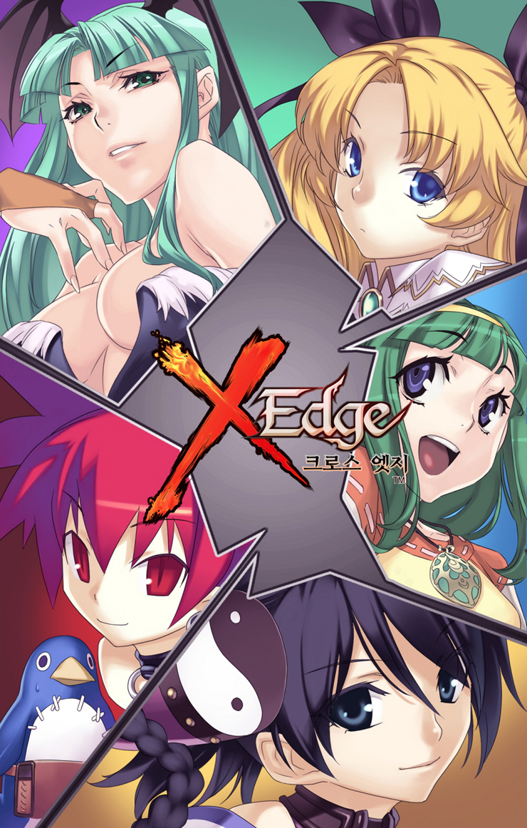 ar_tonelico ar_tonelico_i bat_wings blonde_hair braid breasts capcom cross_edge crossover disgaea etna green_hair gust hair_ornament hairband highres hirano_katsuyuki jewelry korean liliane_vehlendorf mana_khemia mana_khemia_2 misha_arsellec_lune morrigan_aensland nippon_ichi official_art open_mouth pendant prinny vampire_(game) wings