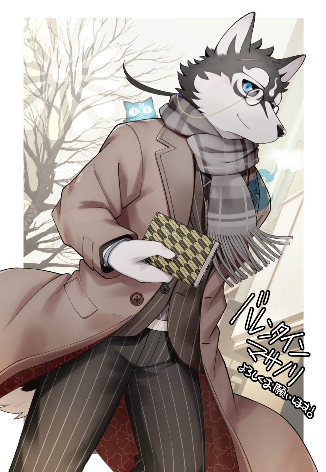 1boy animal_ears black_sclera blue_eyes brown_coat coat colored_sclera commentary_request dog_boy dog_ears dog_tail furry furry_male ghost grey_scarf highres holding holding_notebook kinoshita_jiroh looking_at_viewer male_focus masanori_(housamo) notebook pants pinstripe_pants pinstripe_pattern pinstripe_suit ponytail round_eyewear scar scar_on_face scar_on_forehead scarf suit tail tokyo_afterschool_summoners translation_request