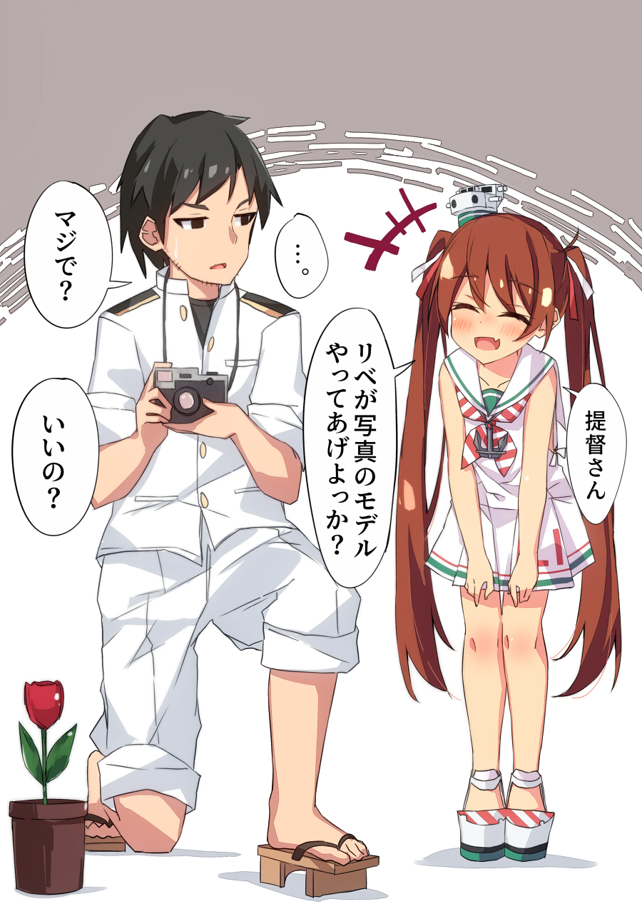 1boy 1girl admiral_(kancolle) beritabo black_eyes black_hair blush brown_eyes brown_hair camera closed_eyes collarbone dress fang flower geta highres holding holding_camera kantai_collection libeccio_(kancolle) long_hair military_uniform naval_uniform open_mouth pants plant potted_plant red_flower sailor_collar sailor_dress short_sleeves skin_fang sleeveless sleeveless_dress smile speech_bubble translation_request twintails uniform white_dress white_pants white_sailor_collar