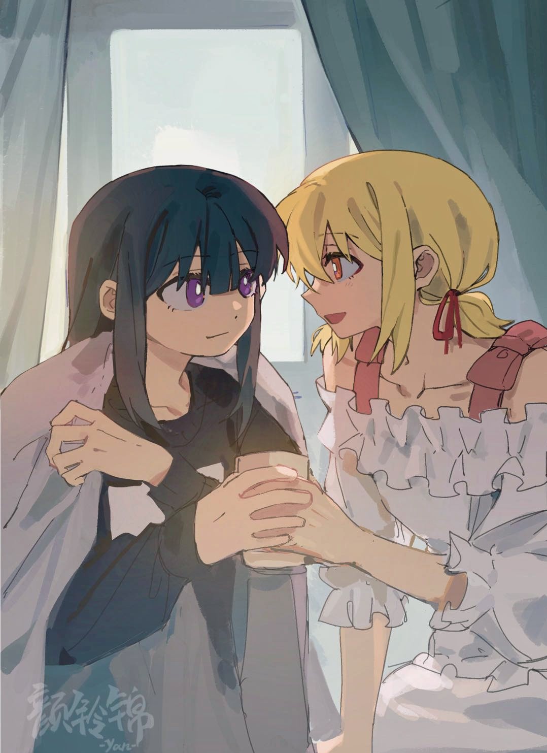 2girls bedroom black_hair black_shirt blanket blonde_hair bright_pupils chinese_commentary closed_mouth collarbone commentary_request cup curtains eye_contact frilled_shirt frills hair_ribbon highres holding holding_cup holding_hands indoors inoue_takina long_hair long_sleeves looking_at_another lycoris_recoil medium_hair morning multiple_girls nishikigi_chisato off-shoulder_shirt off_shoulder open_mouth orange_eyes red_ribbon ribbon shirt smile violet_eyes white_pupils white_shirt window yanlingjinshilihuahua yuri