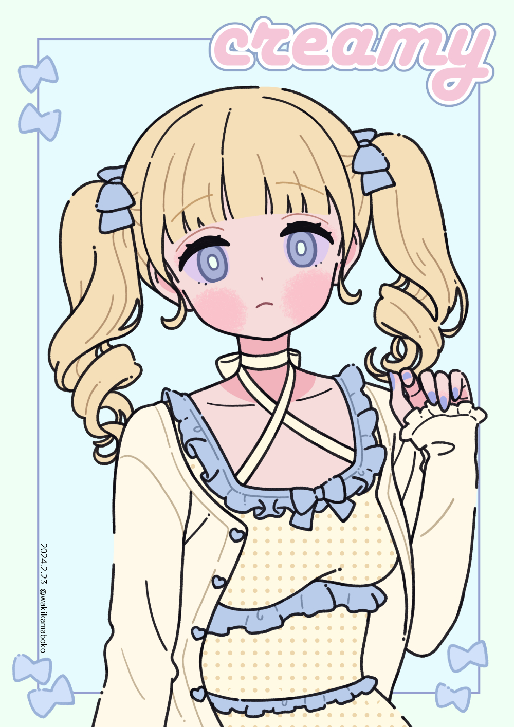 1girl blonde_hair blue_background blue_bow blue_eyes blue_nails blush_stickers border bow breasts closed_mouth collarbone commentary criss-cross_halter dress english_text frilled_dress frills green_border hair_bow halterneck hand_up highres jacket long_hair long_sleeves looking_at_viewer nail_polish neki_(wakiko) open_clothes open_jacket original polka_dot polka_dot_dress ringlets sleeves_past_wrists small_breasts solo twintails yellow_dress yellow_jacket