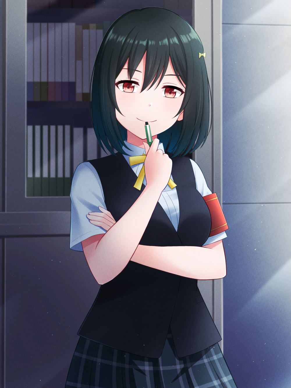 1girl armband black_hair black_vest blue_shirt blue_skirt closed_mouth collared_shirt commentary_request cupboard hair_ribbon highres holding ichiban577 indoors looking_at_viewer love_live! love_live!_nijigasaki_high_school_idol_club mifune_shioriko neck_ribbon nijigasaki_academy_school_uniform plaid plaid_skirt red_armband red_eyes ribbon school_uniform shirt short_hair short_sleeves skirt smile solo summer_uniform upper_body vest yellow_ribbon