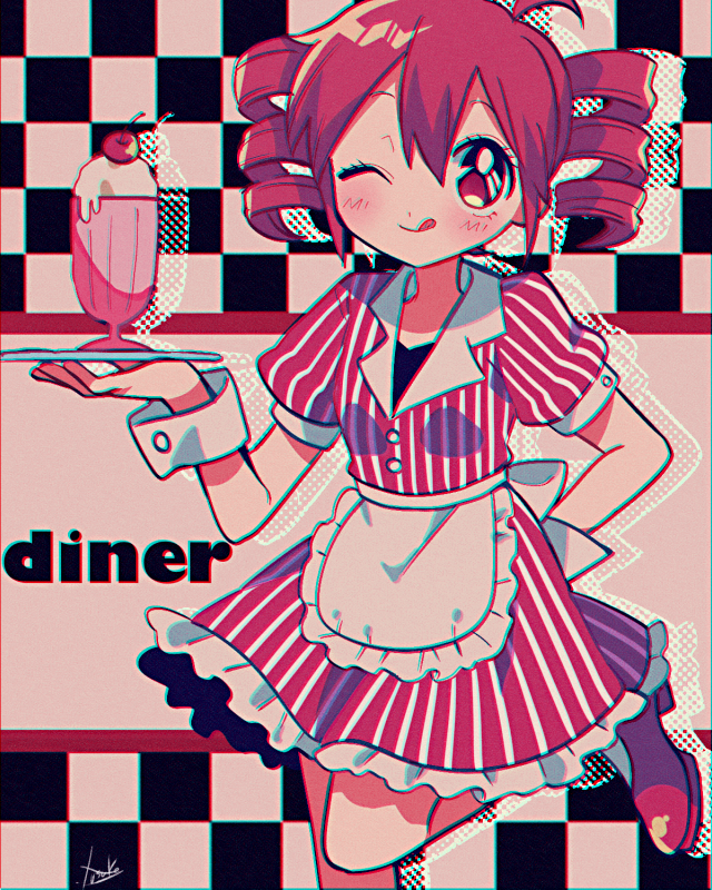 1990s_(style) 1girl ahoge alternate_costume apron arm_behind_back artist_name black_shirt cherry chromatic_aberration closed_mouth dress drill_hair food frilled_apron frilled_dress frills fruit hair_between_eyes holding holding_tray kasane_teto looking_at_viewer milkshake one_eye_closed puffy_short_sleeves puffy_sleeves red_dress red_eyes red_footwear redhead retro_artstyle shirt short_hair short_sleeves smile solo standing standing_on_one_leg striped_clothes striped_dress tongue tongue_out tray twintails utau vertical-striped_clothes vertical-striped_dress waist_apron white_apron white_trim wrist_cuffs yuusuke-kun