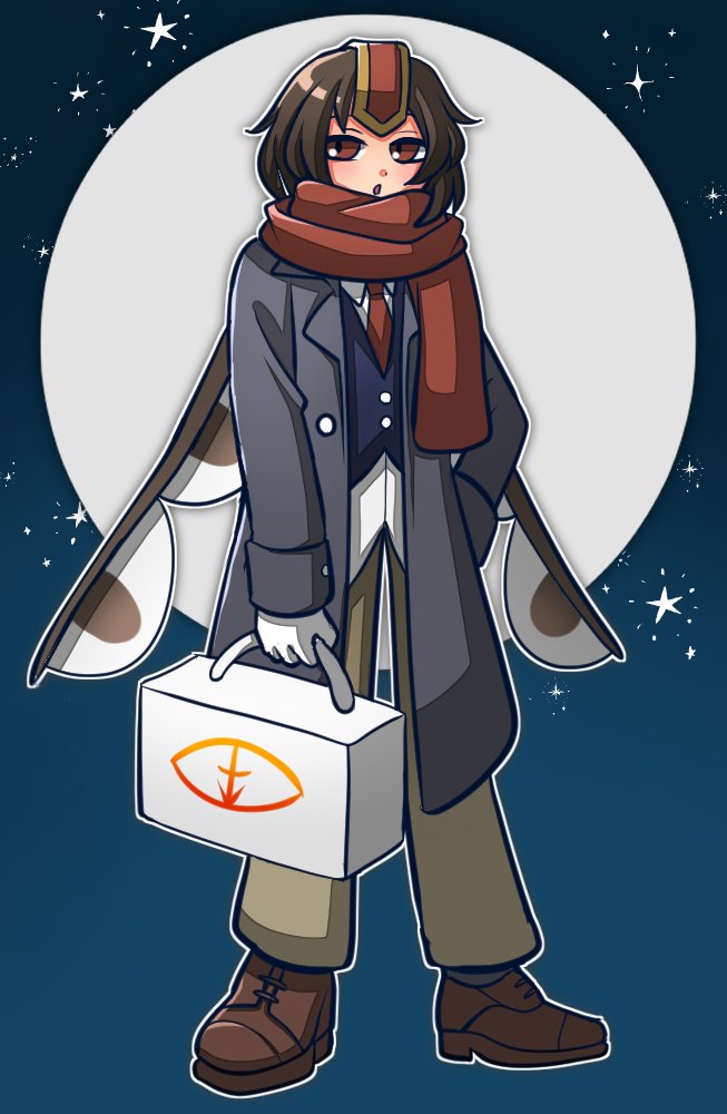 1jumangoku 1other :o androgynous blue_jacket briefcase brown_eyes brown_footwear brown_hair brown_pants buttons coat coattails collared_coat collared_shirt commentary eye_of_senri full_body full_moon gloves grey_coat hand_on_own_hip headgear holding holding_briefcase jacket kokutenshi_hibaru len'en light_blush looking_at_viewer moon necktie night night_sky open_clothes open_coat other_focus outline pants parted_lips red_headwear red_necktie red_scarf scarf shirt shoes short_hair simple_background sky solo star_(sky) star_(symbol) starry_sky white_gloves white_outline white_shirt wings winter_clothes winter_coat