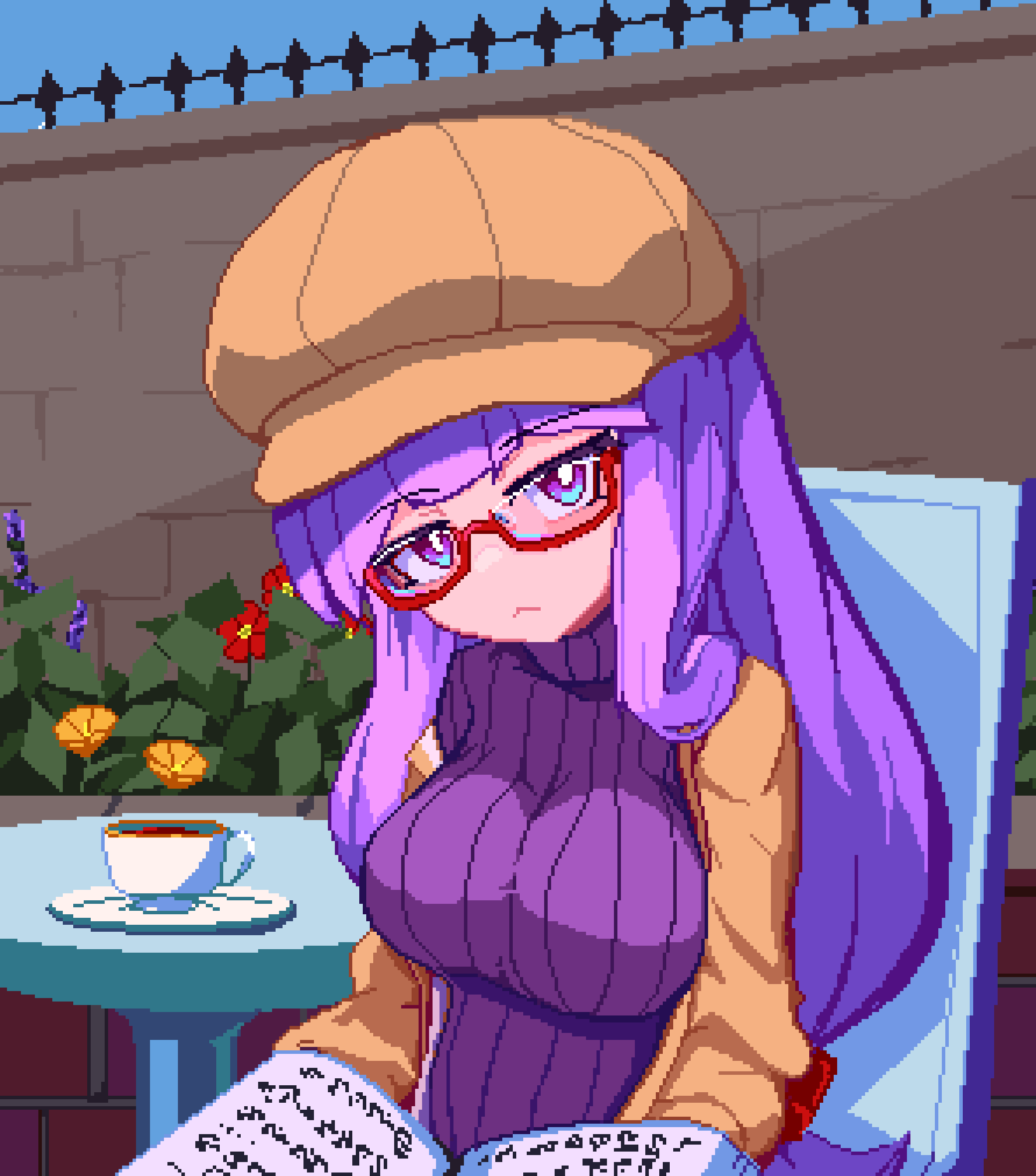 :&lt; book bow breasts brodall_pixel brown_headwear brown_jacket casual chair cup flower glasses hair_bow hat highres holding holding_book jacket large_breasts looking_at_viewer outdoors patchouli_knowledge pixel_art purple_hair purple_sweater red-framed_eyewear ribbed_sweater saucer sitting sweater table teacup touhou turtleneck turtleneck_sweater violet_eyes
